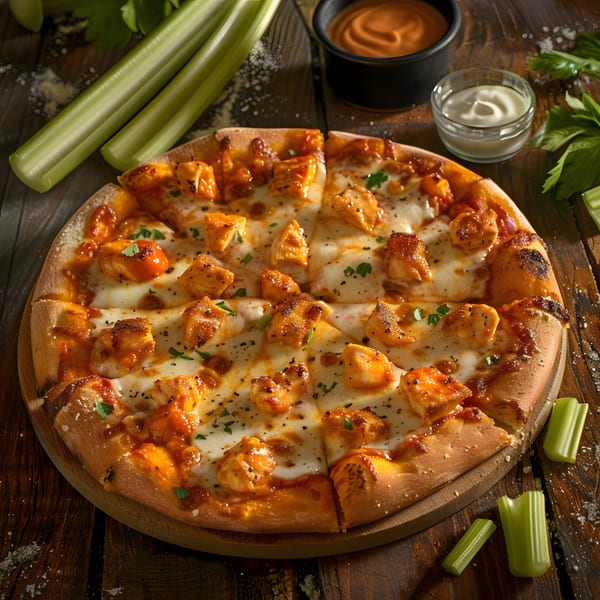 Buffalo chicken pizza with melted cheese, celery sticks, and dipping sauces on a wooden table.