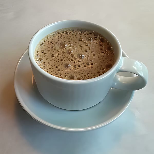 A white mug filled with a frothy, bubbly brown beverage, likely coffee or hot chocolate, on a matching saucer.