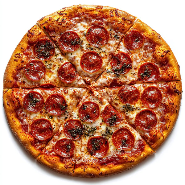 A whole pepperoni pizza from Spice Hub & Fox Point Pizzeria, cut into eight slices.