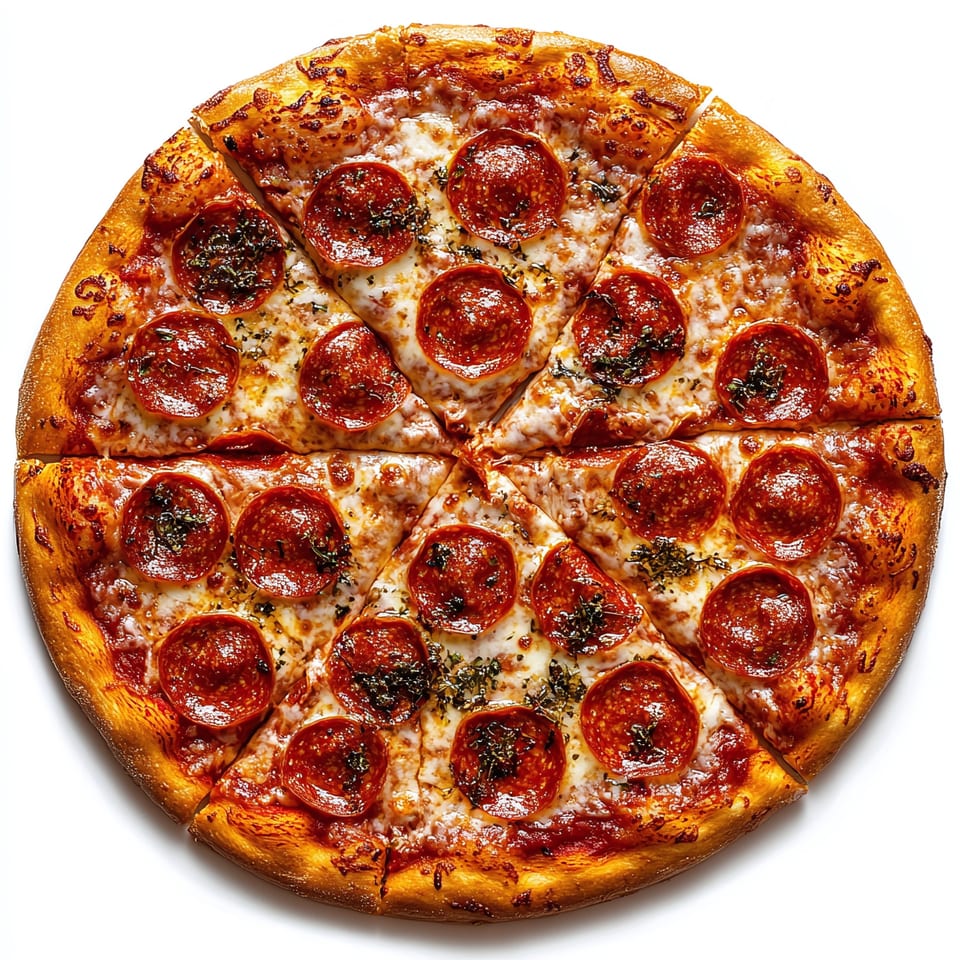 A whole pepperoni pizza from Spice Hub & Fox Point Pizzeria, cut into eight slices.